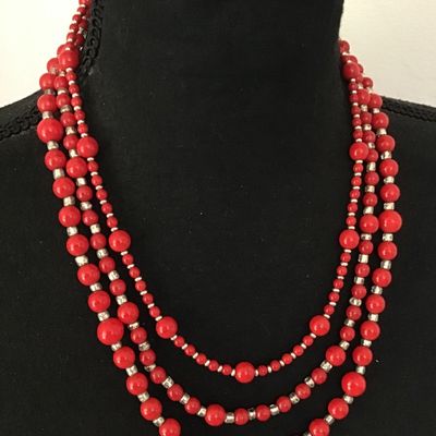 Red Glass 3 Strand Vintage Necklace