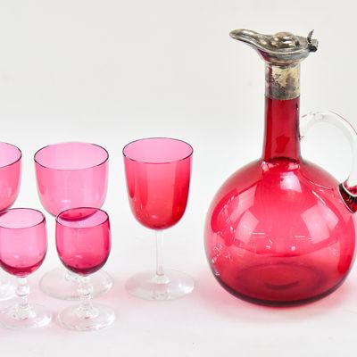 Sale Photo Thumbnail #82: ENGLISH CRANBERRY GLASS DECANTER W/STERLING SPOUT AND GLASSES: EUSTACE G. PARKER