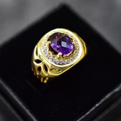 Sale Photo Thumbnail #17: 14KT GOLD, AMETHYST, AND DIAMOND BISHOP RING