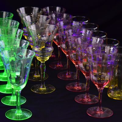 Sale Photo Thumbnail #93: MULTI-COLOR DEPRESSION GLASS STEMWARE AND DRINKING GLASSES