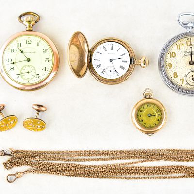 Sale Photo Thumbnail #38: THREE GOLD-PLATED POCKET WATCHES AND ACCESSORIES: HAMPDEN, WALTHAM, A. RACINE