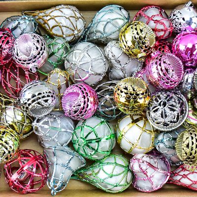 Sale Photo Thumbnail #128: LARGE MID-CENTURY COLLECTION OF BRADFORD PLASTIC FILIGREE, CAGE & ANGEL HAIR ORNAMENTS