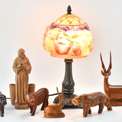 Sale Photo Thumbnail #96: PAIRPOINT-STYLE PUFFY FRUIT LAMP AND DECORATIVE FIGURE ASSORTMENT