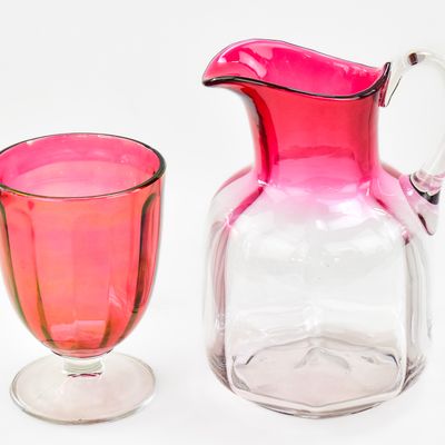 Sale Photo Thumbnail #84: VICTORIAN HAND-BLOWN RUBINA OPTIC PITCHER AND GLASS