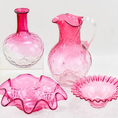 Sale Photo Thumbnail #83: CRANBERRY GLASS PITCHER WITH ICE POCKET, BOWLS, AND DECANTER