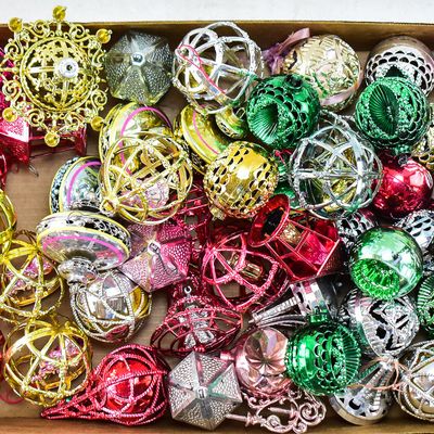 Sale Photo Thumbnail #175: LARGE MID-CENTURY COLLECTION OF BRADFORD PLASTIC FILIGREE, CAGE & ANGEL HAIR ORNAMENTS