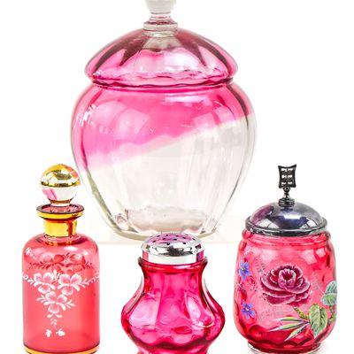 Sale Photo Thumbnail #80: CRANBERRY GLASS ASSORTMENT: PILGRIM GLASS COOKIE JAR, PERFUME BOTTLE
