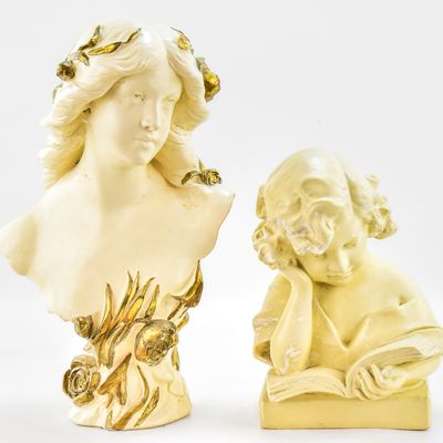 Sale Photo Thumbnail #79: PAINTED PLASTER SCULPTURES: "GIRL READING A BOOK" AND "FLORA"