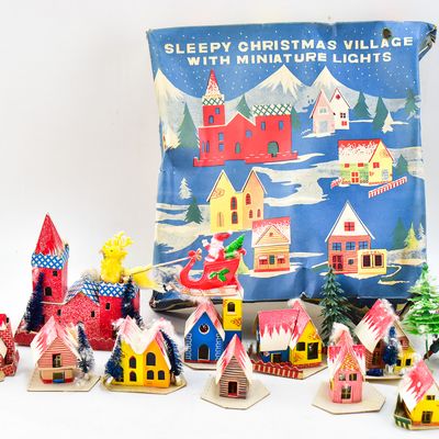 Sale Photo Thumbnail #123: MID-CENTURY SLEEPY CHRISTMAS VILLAGE WITH PUTZ HOUSES & LIGHTS