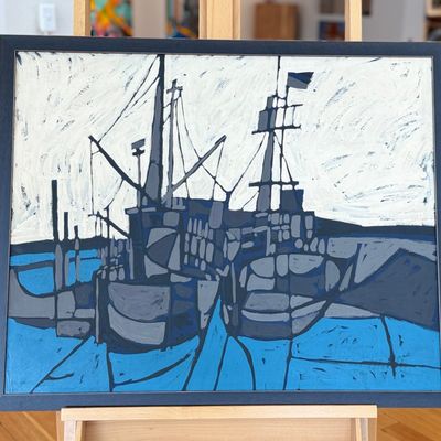 Sale Photo Thumbnail #30: ABSTRACT TEXTURED PAINTING, "BOATS IN A HARBOR"