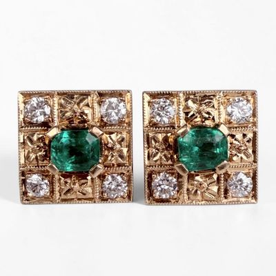 14K Gold, Emerald, & Diamond Earrings