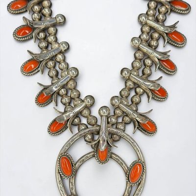 Navajo Silver & Coral Squash Blossom Necklace
