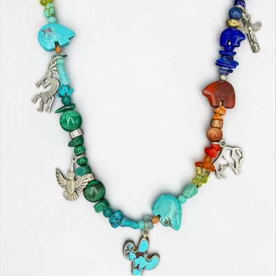 Navajo-Style Sterling Silver Charm & Semi-Precious Stone Necklace