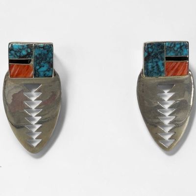 Sterling, Turquoise, & Coral Navajo-Style Earrings