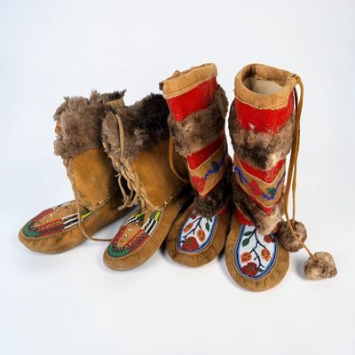 (2) Pairs of Native American Beaded & Fur Moccasins (D)