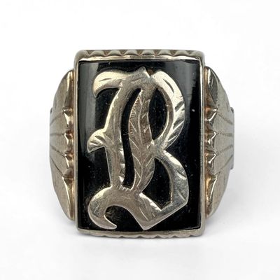 10K White Gold "B" Mens Signet Ring