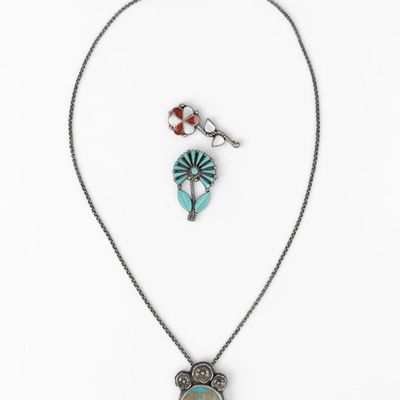 (3) Navajo Silver & Semi-Precious Stone Flower Pendants