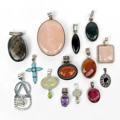 Group of (14) Sterling & Semi-Precious Stone Pendants