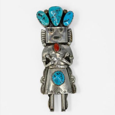 Navajo Sterling Silver, Turquoise, & Coral Kachina Pendant