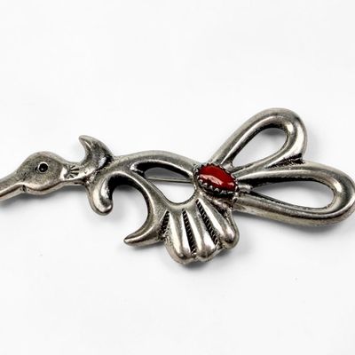 Vintage Navajo Road Runner Silver & Coral Pin