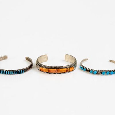 (3) Navajo & Zuni Silver & Precious Stone Cuffs (As Is)