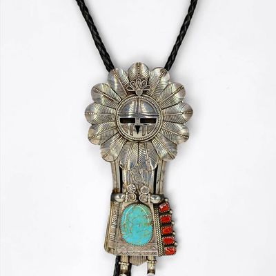 Jereme Delgarito Kachina Sterling Turquoise & Coral Bolo