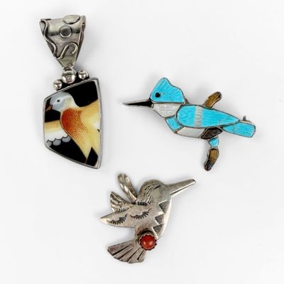 (3) Navajo Silver & Semi-Precious Stone Bird Pendants