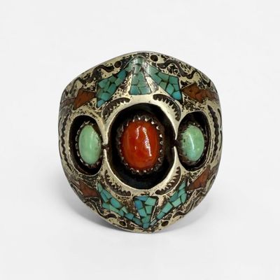 Richard Begay Turquoise & Carnelian Inlaid Sterling Mens Ring