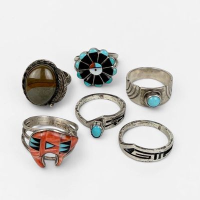 (6) Navajo Silver & Precious Stone Rings
