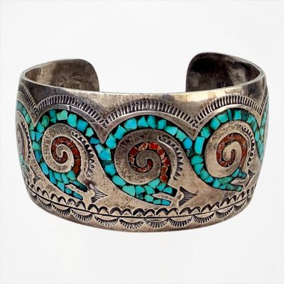 Native American Silver, Coral, & Turquoise Cuff