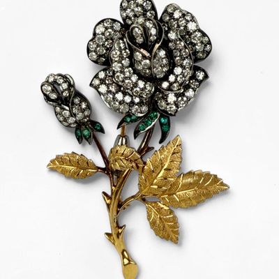 18K Yellow Gold w/ (2 CTTW) Diamond & Emerald Rose Brooch