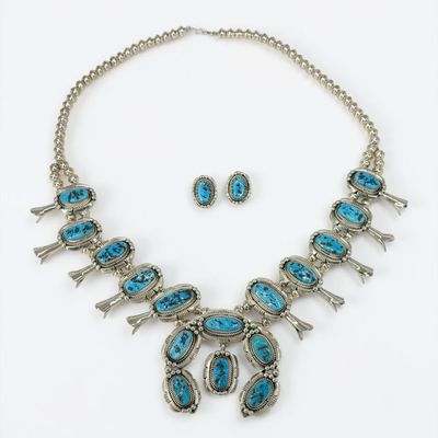 Native American Sterling & Turquoise Squash Blossom Necklace & Earrings