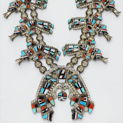 Herbert & Esther Cellicion Zuni Sterling & Inlaid Squash Blossom Necklace