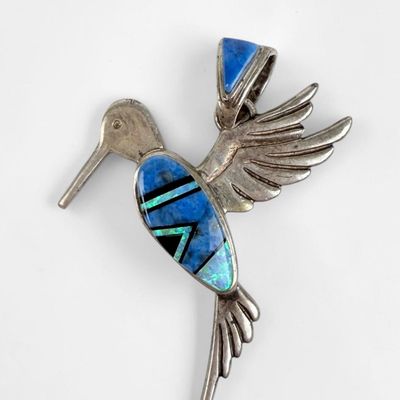 Calvin Begay Sterling & Multi-Stone Inlaid Hummingbird Pendant