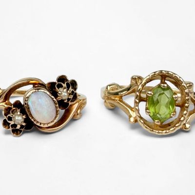 Pair of 14K Yellow Gold Opal & Peridot Rings