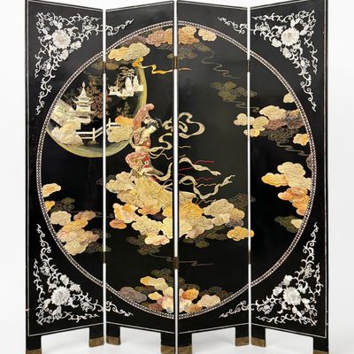 Chinese Lacquer & Inlaid Goddess Motif Screen