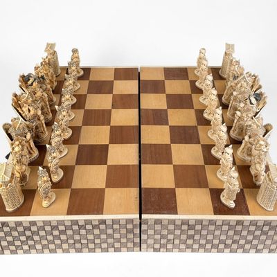 Chinese Carved Hippo Bone Chess Set