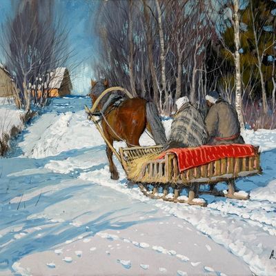 Andrei Afanasievich Egorov 'Sleigh Ride' Gouache on Paper