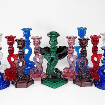 (13) "Dolphin" Glass Candlesticks & (1) Bowl