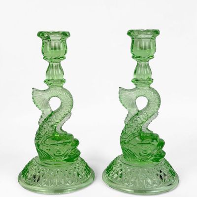 Pair of Cambridge Glass Co "Dolphin" Uranium Candlesticks (A)