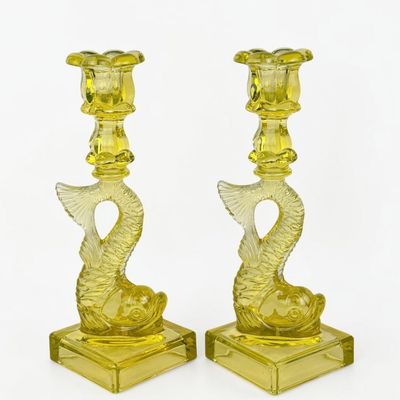 Pair of MMA "Dolphin" Uranium Glass Candlesticks (B)