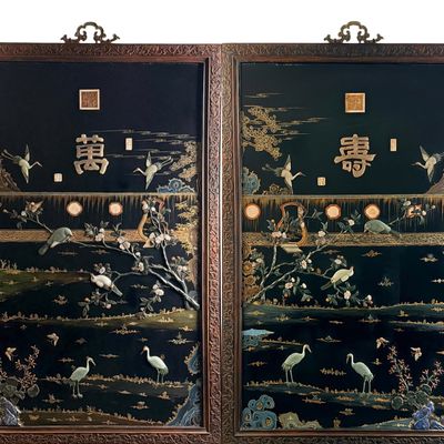 Pair of Large Chinese Black Lacquer and Hardstone Panels
