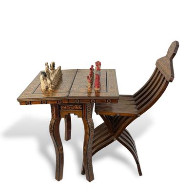 Syrian & Egyptian-Style Inlaid Game Table & Chair