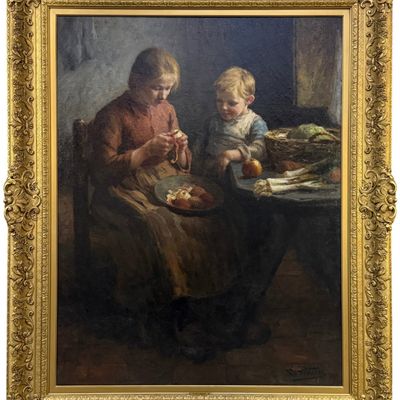 Evert Pieters 'Apple Peeling' Oil on Canvas