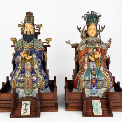Pair of Chinese Cloisonne Bone Emperor & Empress Figures