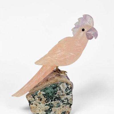 Hand-Carved Brazilian Rose Quartz Cockatoo