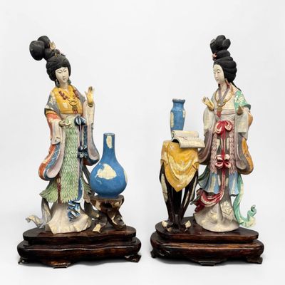 Pair of Chinese Painted Bone Figures