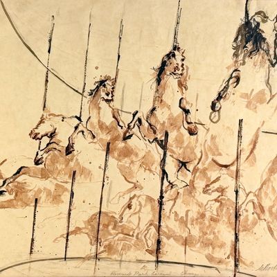 Leroy Neiman "Wooden Horse Carousel" Watercolor on Paper