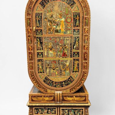 Large Egyptian Themed Inlaid & Painted Cabinet