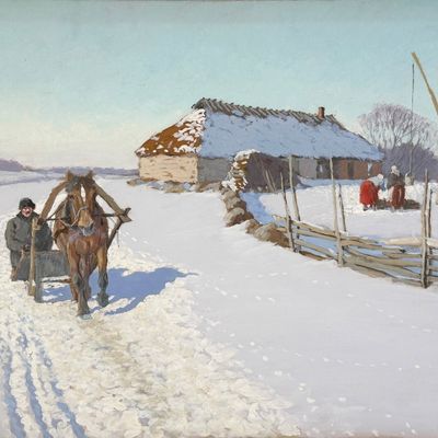 Andrei Afanasievich Egorov 'Winter Farmland' Gouache on Board